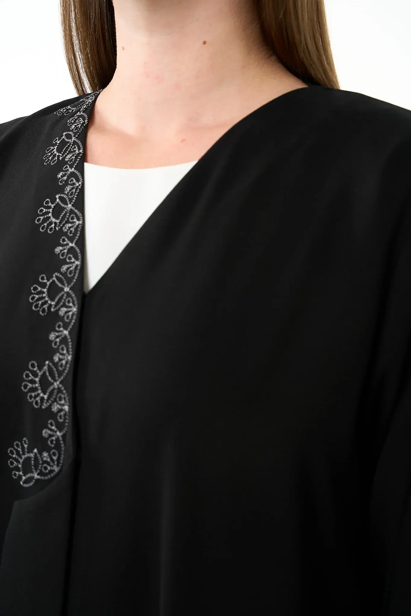 Black Luma Crepe Abaya with Klosh Cut and Embroidered Front Detail