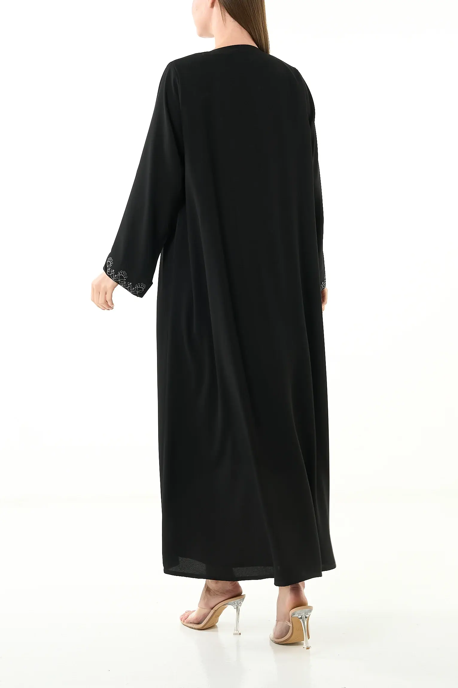 Black Luma Crepe Abaya with Klosh Cut and Embroidered Front Detail