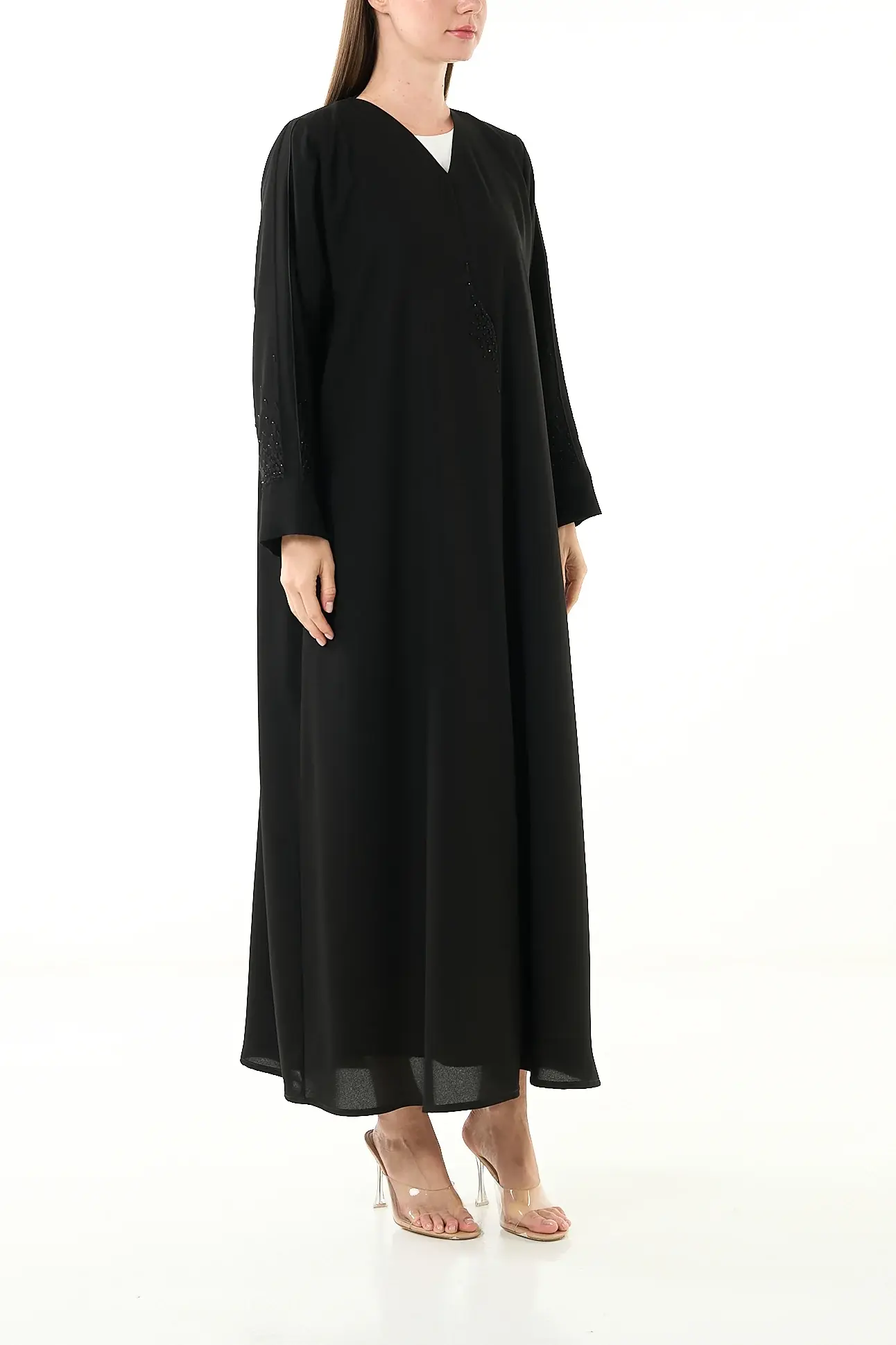 Black Claire Crepe Abaya with Klosh Cut and Minimal Beadwork