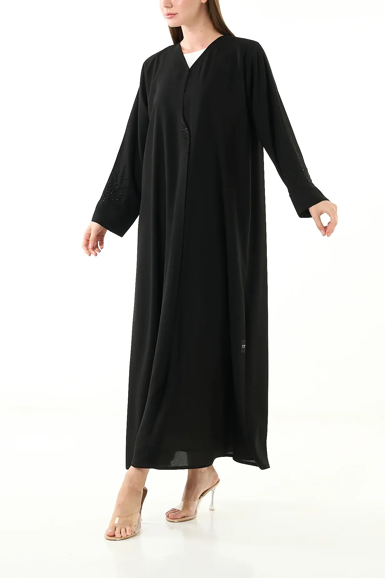 Black Claire Crepe Abaya with Klosh Cut and Minimal Beadwork