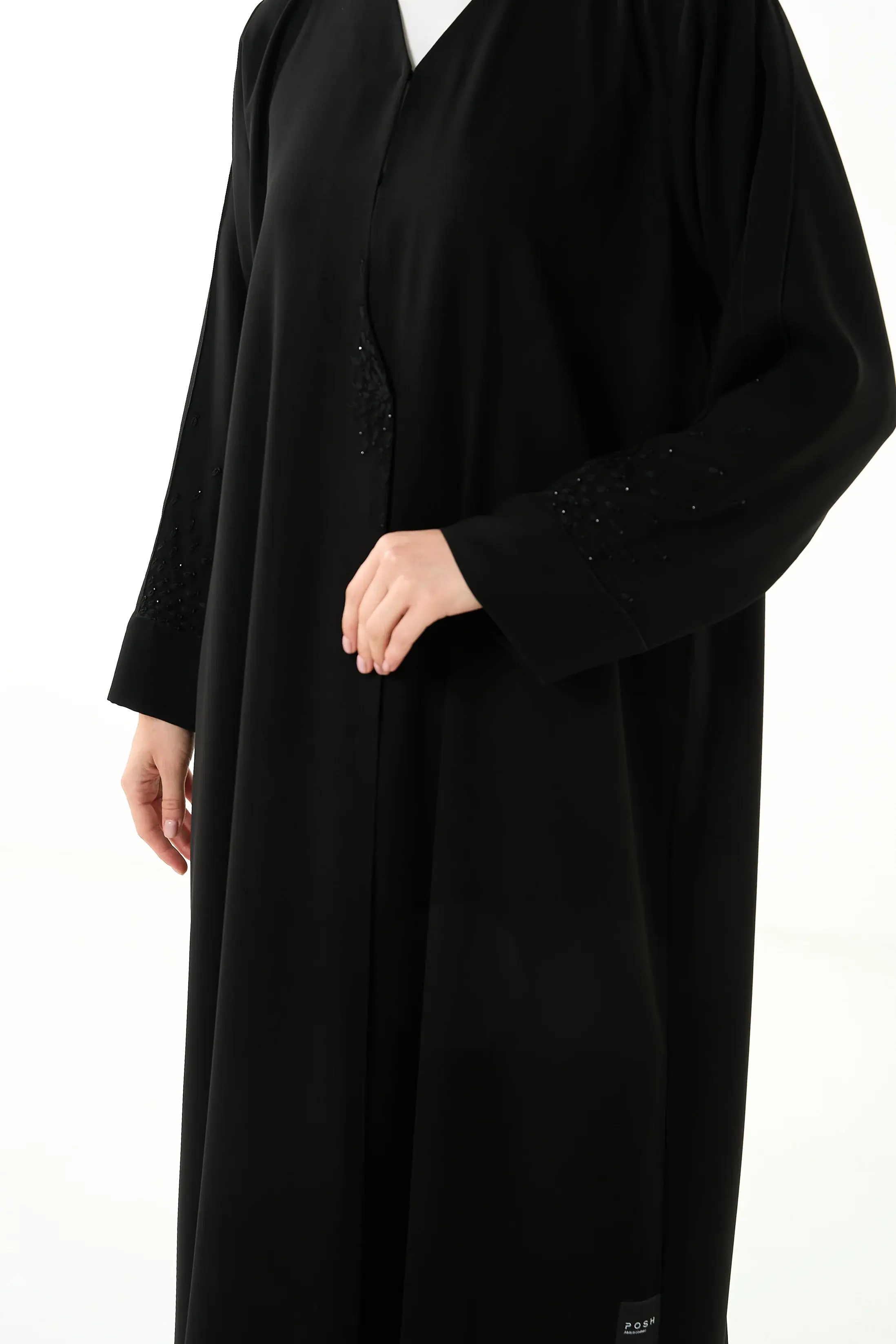 Black Claire Crepe Abaya with Klosh Cut and Minimal Beadwork