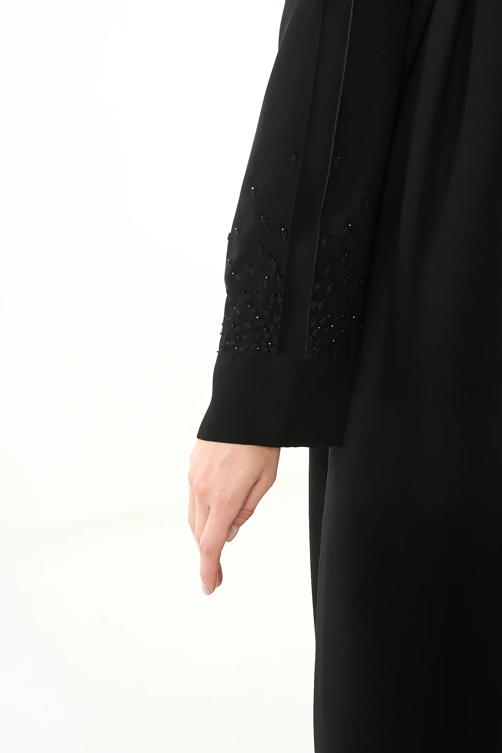 Black Claire Crepe Abaya with Klosh Cut and Minimal Beadwork