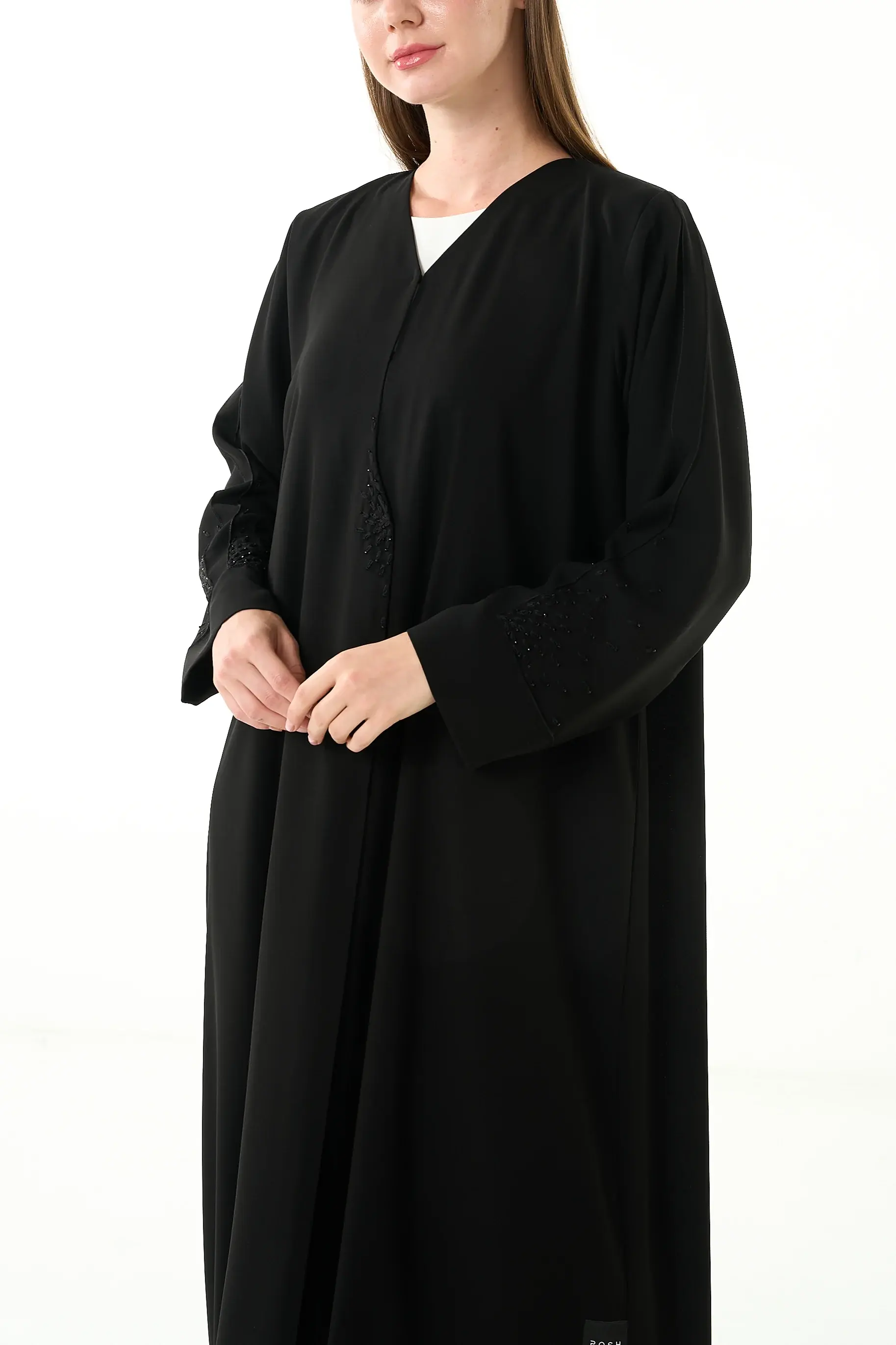 Black Claire Crepe Abaya with Klosh Cut and Minimal Beadwork