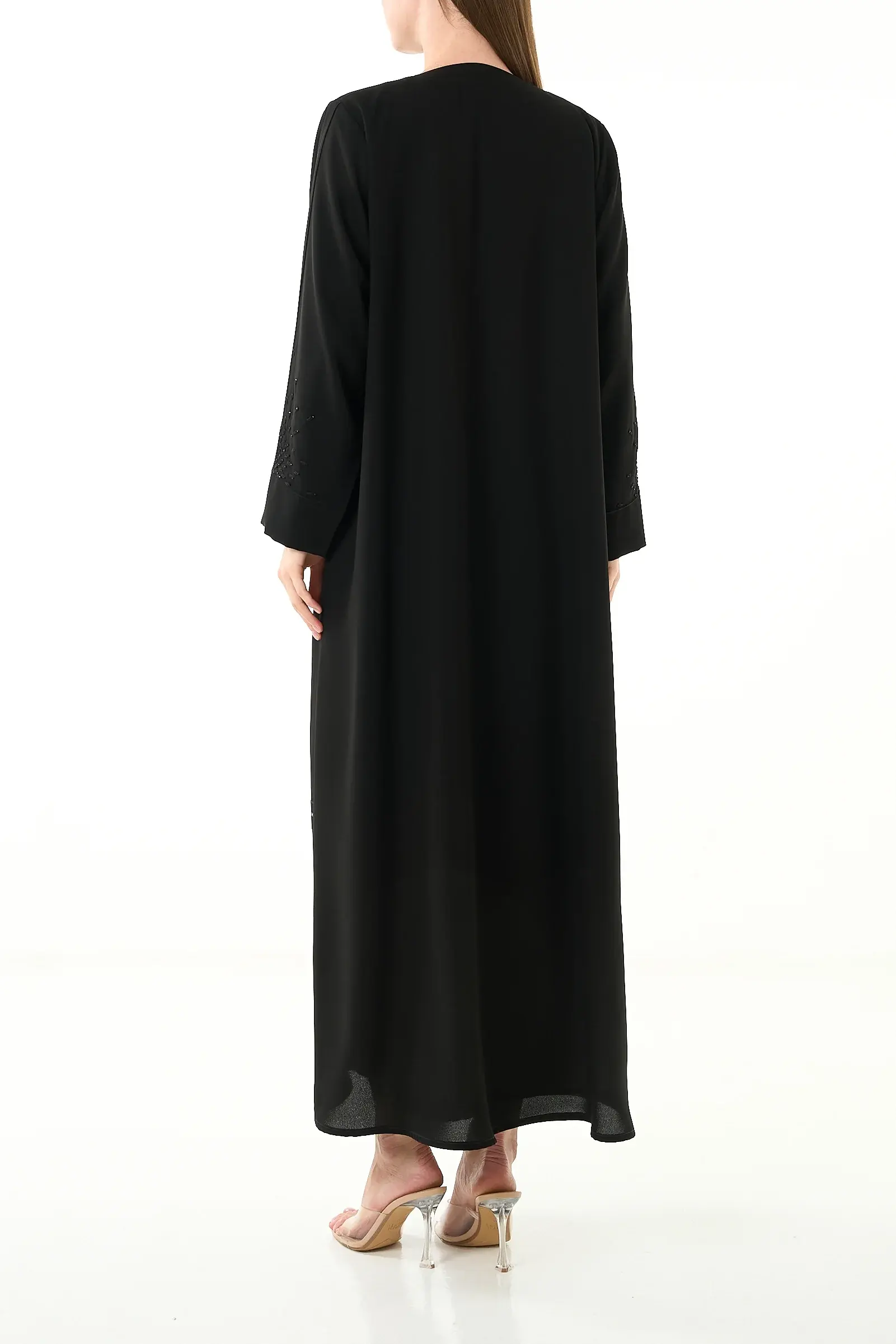 Black Claire Crepe Abaya with Klosh Cut and Minimal Beadwork