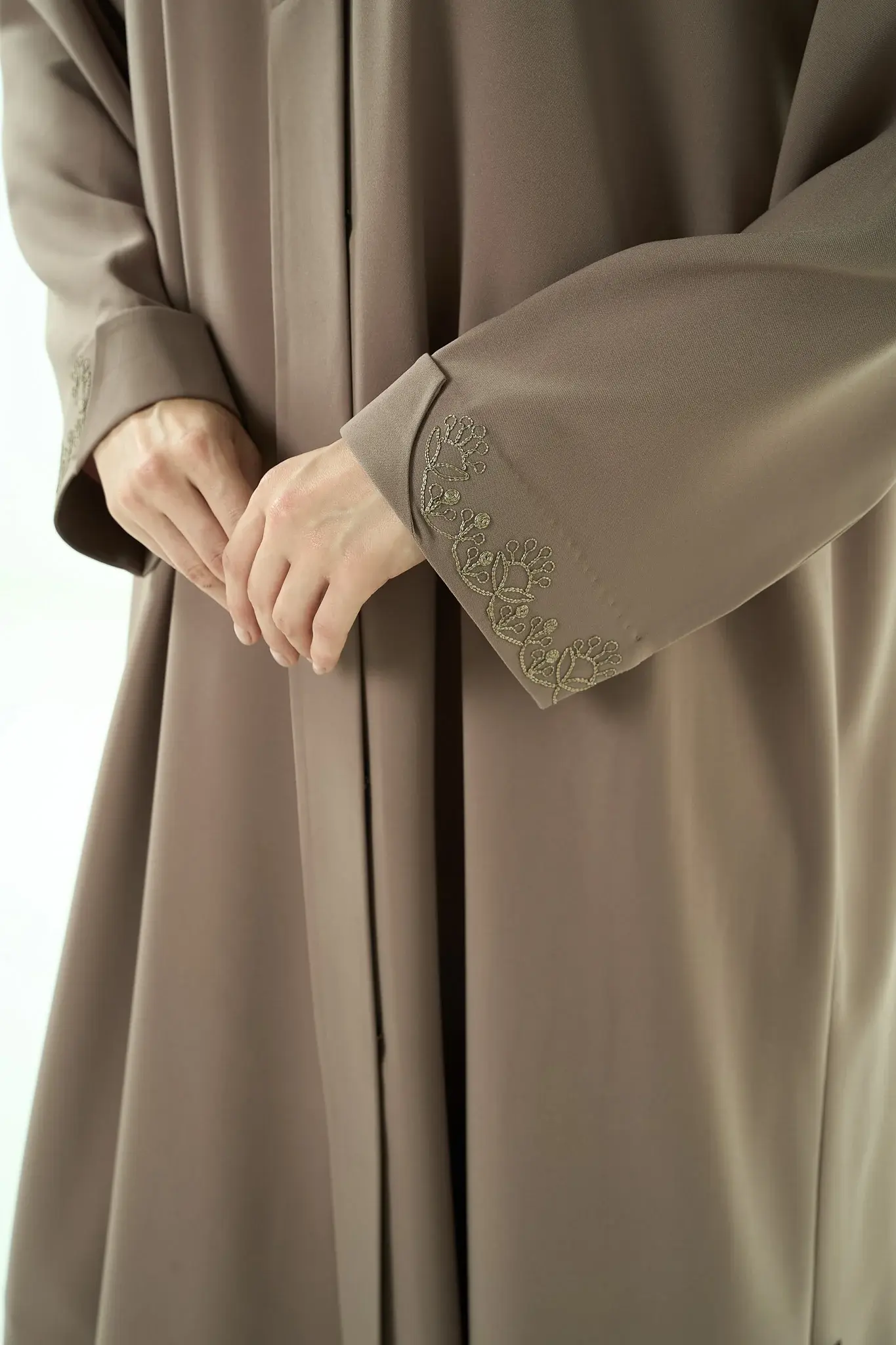 Beige Nova Crepe Abaya with Klosh Cut and Front Embroidery Detail