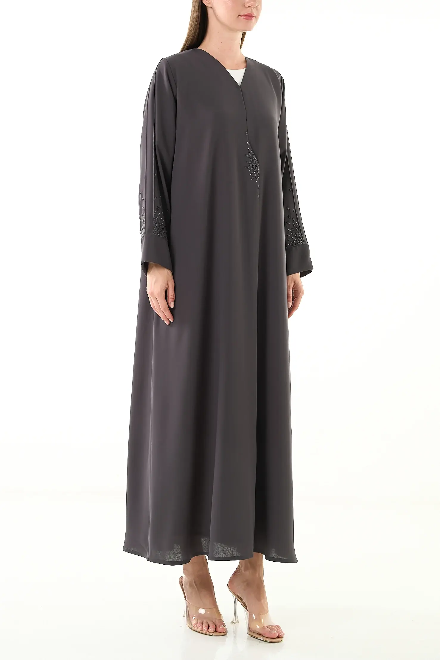 Grey Claire Crepe Abaya with Klosh Cut and Minimal Beadwork