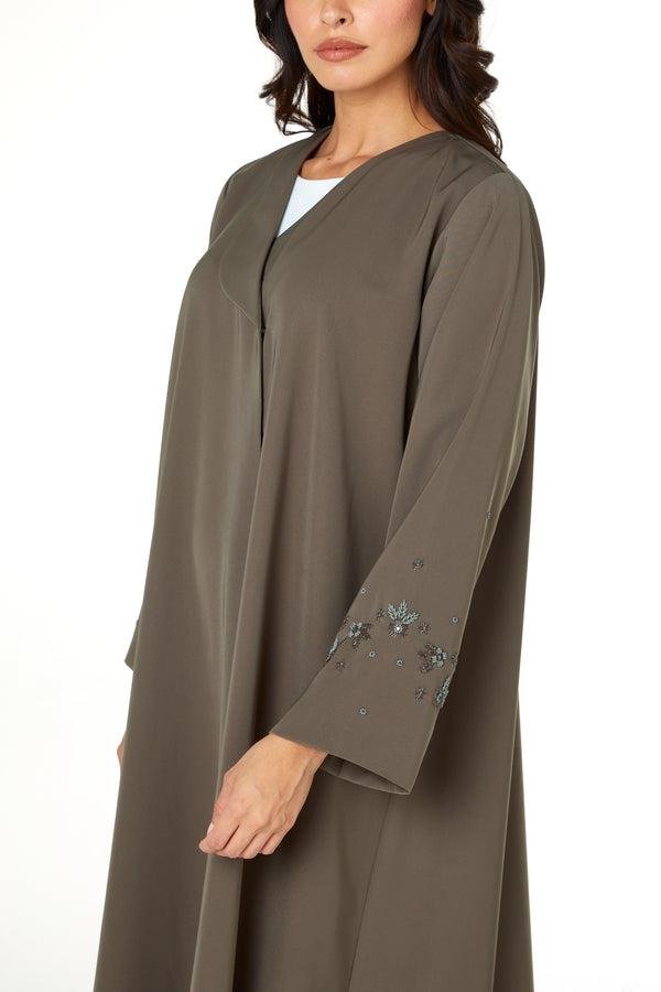 Green Lio Crepe Abaya with Sleeve Beadwork Detail