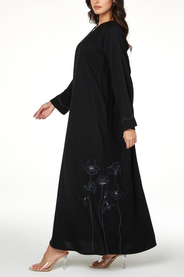 Black Aria Crepe Abaya with Embroidered Detail